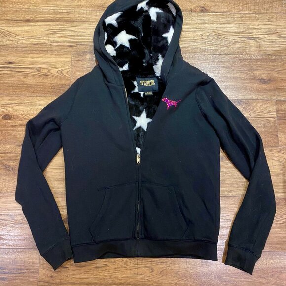 Victoria Secret Pink fur-lined full zipper Hoodie star pattern Sequined dog logo - Picture 5 of 5